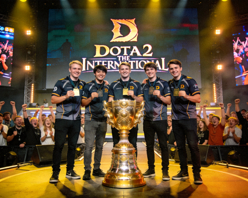 DOTA2国际邀请赛现场冠军奖杯与团队合影